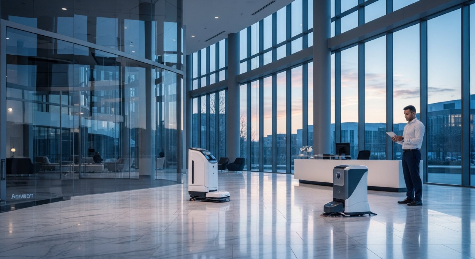 Cleaning, security patrol, and concierge robots for managed buildings.