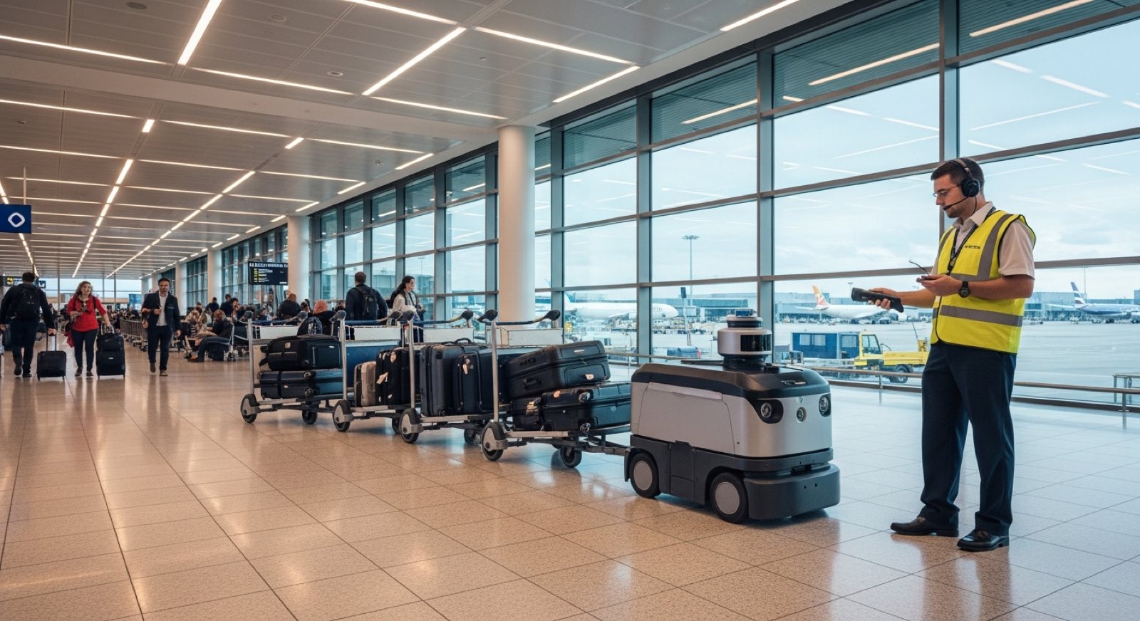 Baggage handling, cargo, and wayfinding robots for transport hubs.