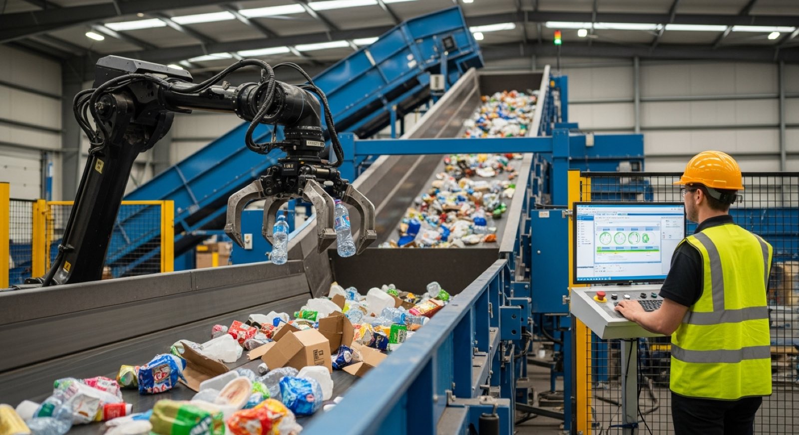 AI-powered sorting robots that improve recycling accuracy and throughput.