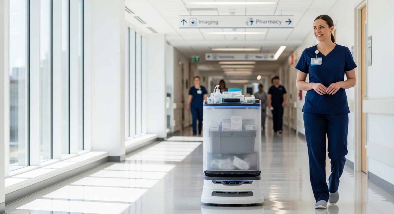 Hospital logistics, disinfection and care-support robots that free up clinical time.