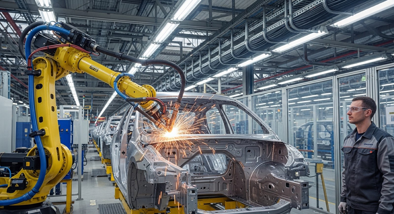 Machine tending, robotic welding, assembly and dispensing for the production line.